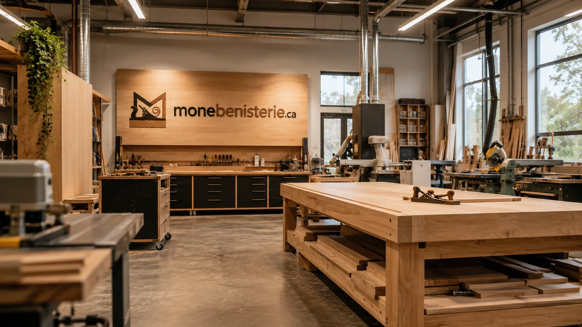 Atelier d'ébénisterie avec établi de bois massif, outils à main et machines