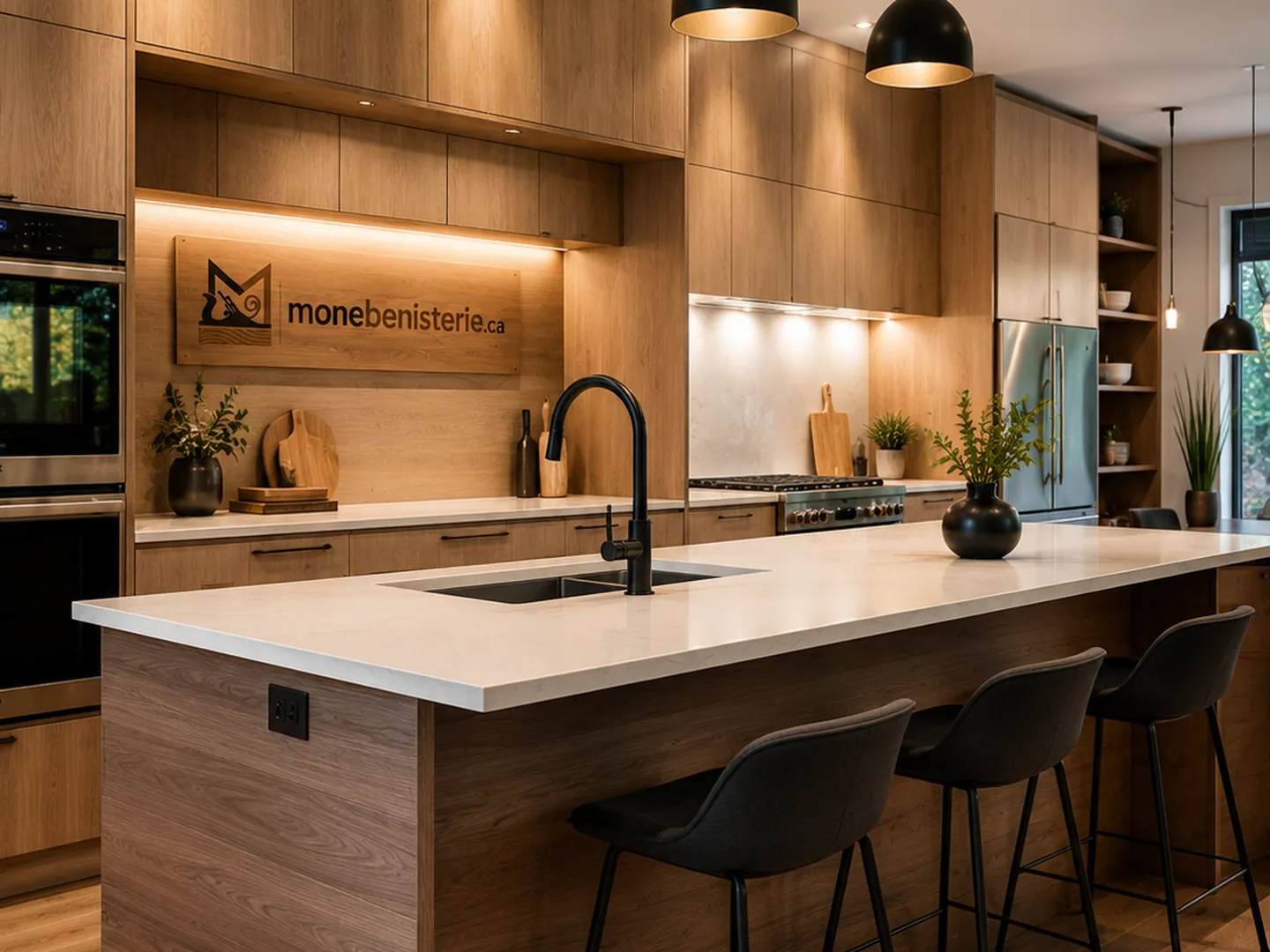 Cuisine avec armoires de bois et îlot central sur mesure